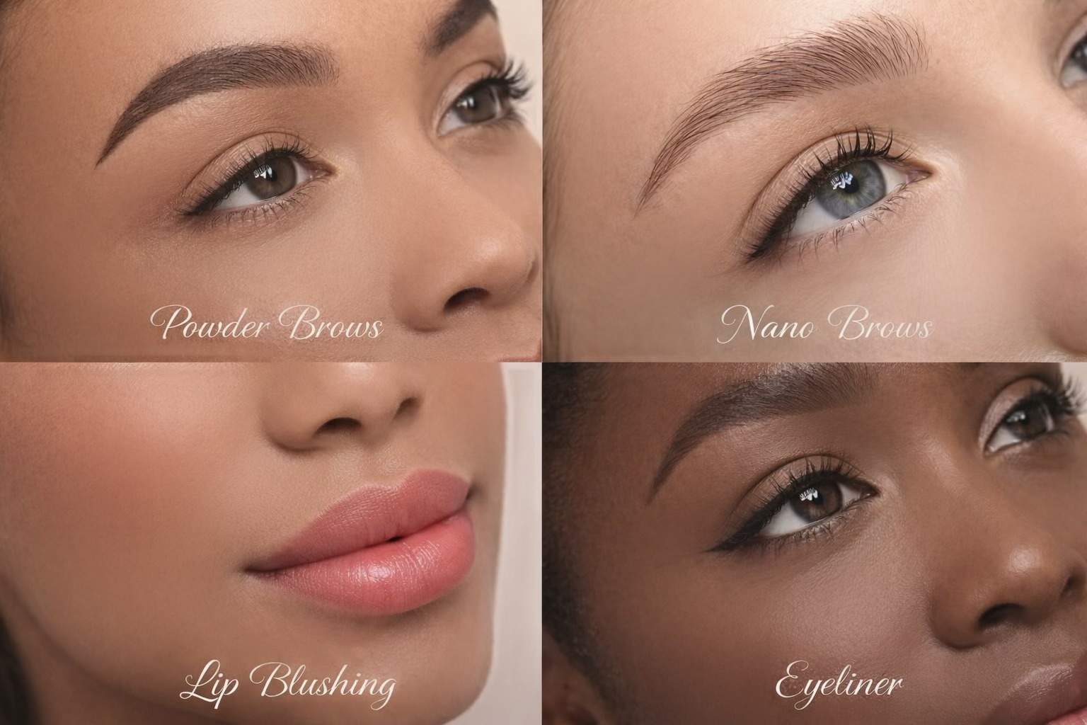 Powder brows, nano brows, lip blushing, and eyeliner collage